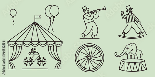 Black line of circus scenes and characters tent balloons bicycle elephant