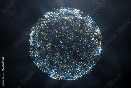 Abstract AI particle sphere represents neural data networks. Futuristic glowing mesh globe illustrates cloud computing and connectivity. Digital technology backdrop for big data and machine learning.