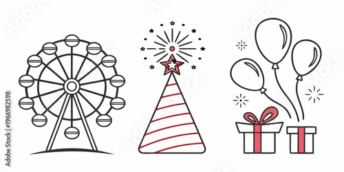 Colorful line of carnival and party ferris wheel party hat balloons