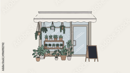 illustration of a plant shop with potted plants and a chalkboard
