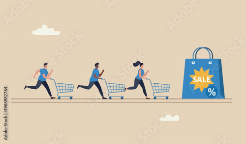 High demand products, sale season e-commerce discount website marketing campaign drawing customers buy product concept, consumer people shopping cart compete running race tracks