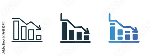 Bar chart with downward arrow icon showing decline and negative trend for business analytics and financial loss