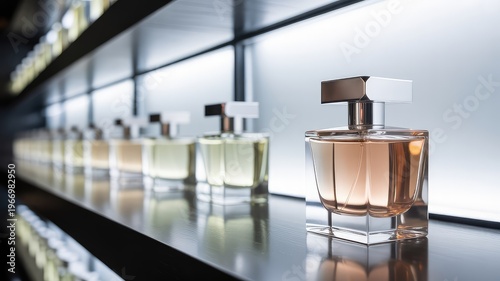 Elegant perfume bottles displayed on a sleek shelf in a luxurious retail setting with brig