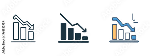 Bar chart with downward arrow icon showing decline and negative trend for business analytics and financial loss