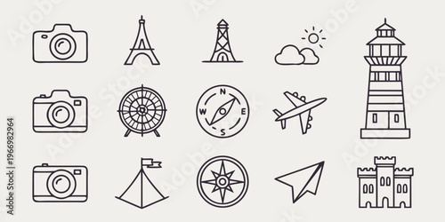 Travel and tourism in black line style travel tourism line black camera eiffel tower