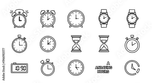 Editable Hour Icon Set with Alarm Clock Wall Clock Watch Hourglass Stopwatch Vector