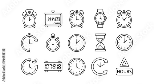 Hour Icons Set with Alarm Clock Wall Clock Watch Hourglass Stopwatch Editable Vector