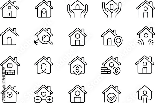 Black and white line of houses with various symbols line black and white real estate property