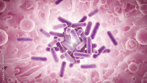 Microscopic 3D rendering of purple probiotic or lactic acid bacteria cells inside the intestinal villi, illustrating gut health, human microbiome, and digestive system concept