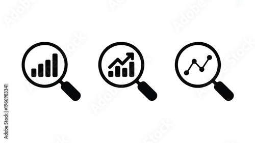 magnifying glass icons with bar and line graphs for business analysis and statistics