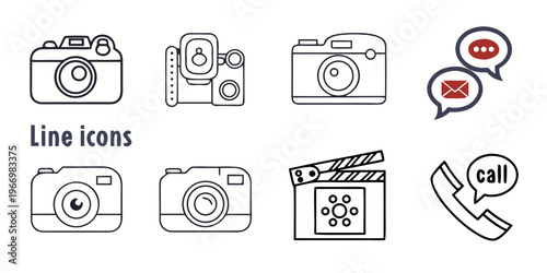 Line of cameras and communication symbols line cameras phone email messaging