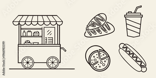 Line of food cart and snacks pizza hot dog