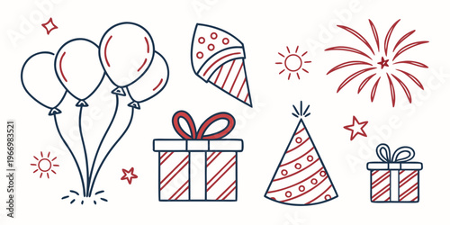 Red and blue birthday on white background celebration party balloons gifts