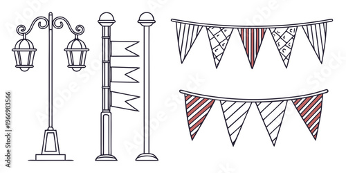 Street and festival decorations line street decorations line black and white line symbols
