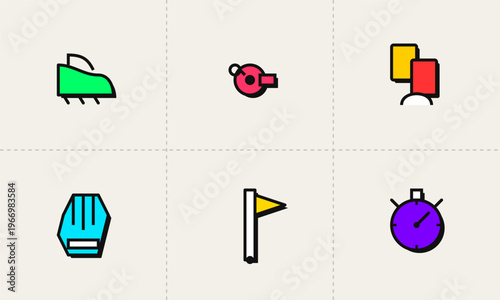 Hand-drawn collection of soccer icons including cleats, whistles, penalty cards, gloves, flags, and timers for sports authentic illustration.  authentic illustration