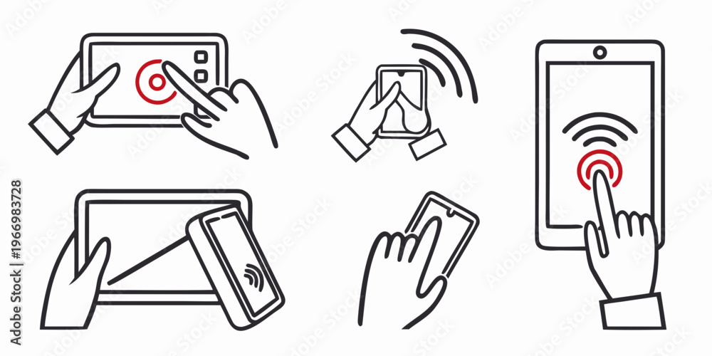 Fototapeta premium Hand holding mobile devices with wireless signals mobile phone tablet Wi-Fi