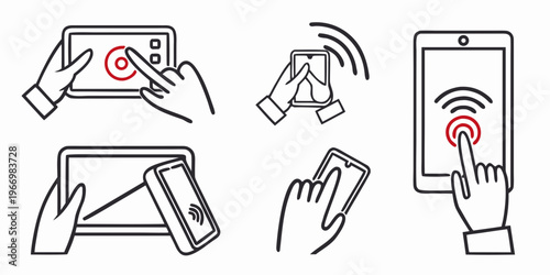 Hand holding mobile devices with wireless signals mobile phone tablet Wi-Fi