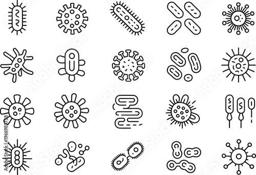 Black and white of various bacteria and viruses line microorganisms germs