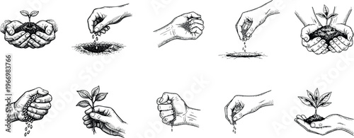 Hands Sowing Seeds and Holding Saplings Vintage Engraving Graphic Set