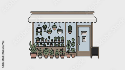 plant store with hanging plants and potted plants on shelves and floor