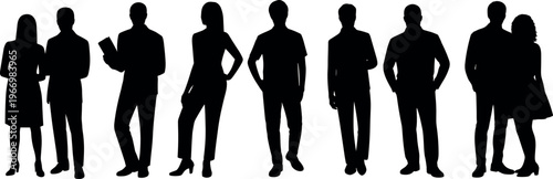 Business people silhouettes standing in row, diverse professionals team, corporate workforce concept, leadership, teamwork and collaboration isolated on white background