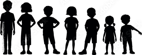 Children silhouettes collection standing in different poses, boys and girls characters, childhood, playful lifestyle concept isolated on white background