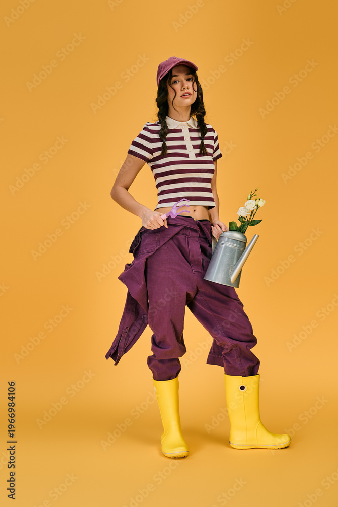 Obraz premium Young woman with pigtails finds joy in gardening while surrounded by bright colors