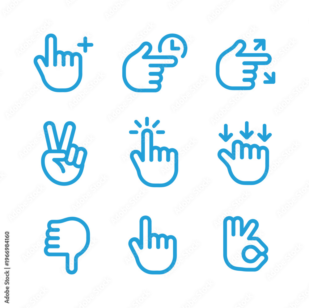 Fototapeta premium Vector of various hand gestures including a pointing finger, thumbs up and down, a peace sign, and an ok sign in blue outlines.