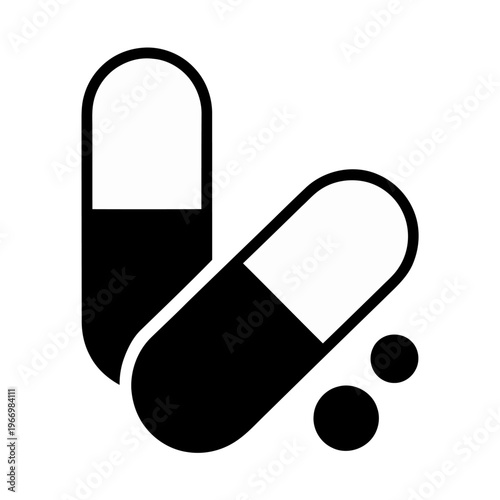 Vector of a capsule pill with two smaller round tablets beside it