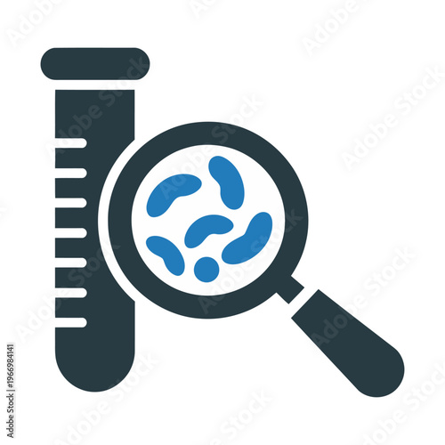 Vector depicting a laboratory test tube and a magnifying glass analyzing bacteria or microorganisms