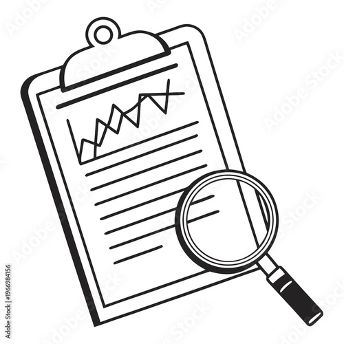 Clipboard with data graph and magnifying glass, business audit and financial analysis line art illustration.