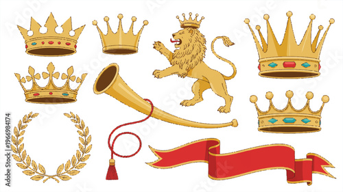 royal crowns laurels lion horn ribbon graphic elements