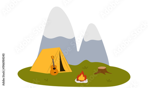 Flat vector illustration of camping outdoors. Mountains, campfire, tent, nature, camper, trees, coffee, backpack, guitar, kettle, boiler, tea, silence, calm, peace, marshmallows on fire