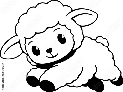Baby lamb in space line art drawing, minimalist sheep contour for coloring page
