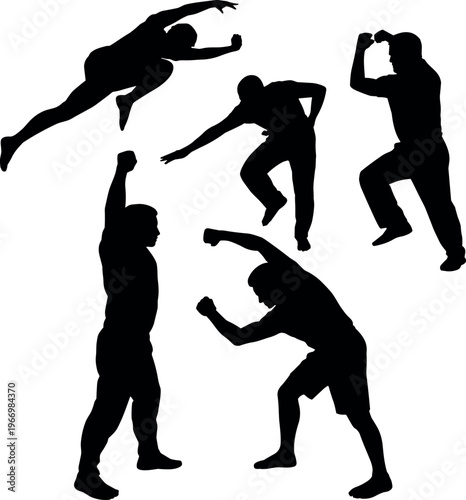Dynamic men silhouettes in action poses, jumping, fighting and movement, strength, energy and sport concept isolated on white background