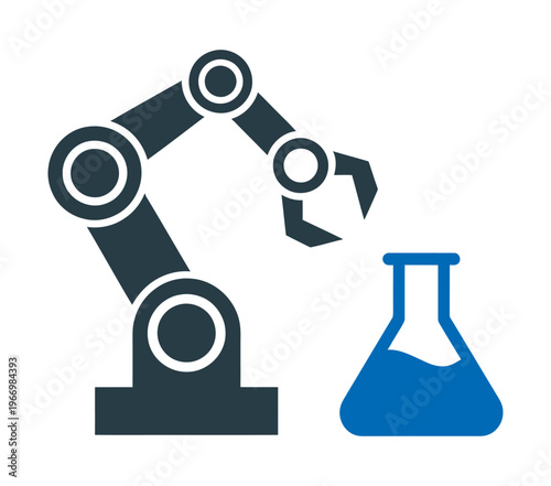 Vector of a robotic arm with a gripper holding a laboratory flask filled with blue liquid