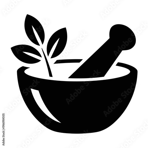 Vector of a traditional mortar and pestle with leaves inside representing natural herbal medicine
