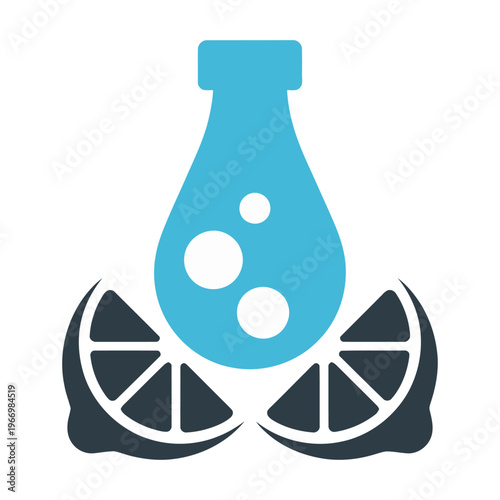 Vibrant vector of a bottle with slices of lemon and bubbles in a modern style
