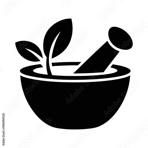 Vector of a mortar and pestle with fresh leaves inside the bowl