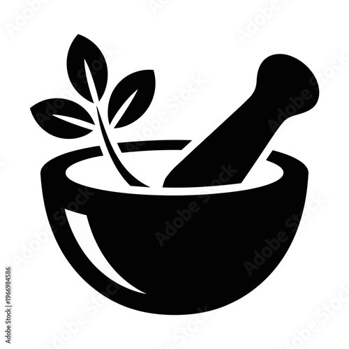 Vector depicting a mortar and pestle with a sprig of herbs inside