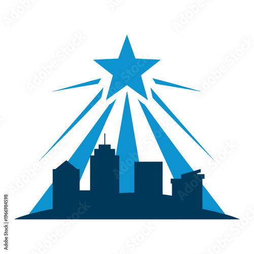 Vibrant vector of a city skyline with a large star and shining rays emanating from it