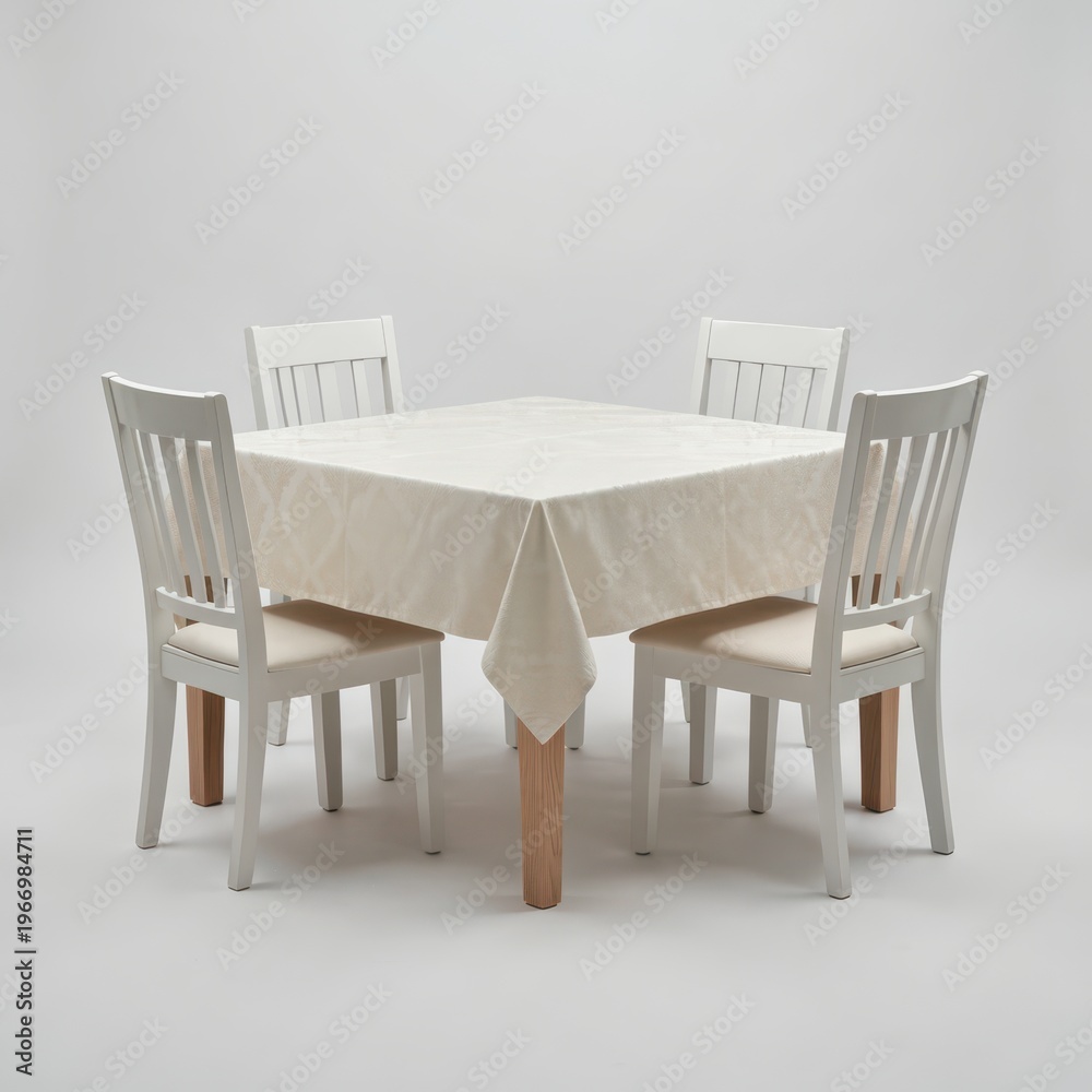 Fototapeta premium Square Dining Table with Beige Tablecloth and Four White Chairs in Minimalist Setting