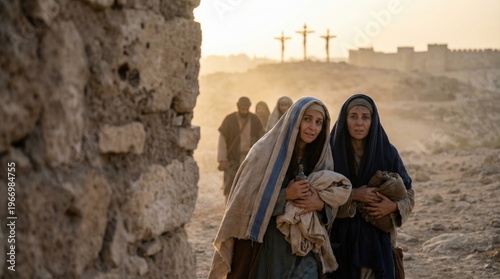 Two women walking through a dusty landscape with crosses in background, depicting the journey of the Myrrhbearers for Easter.
