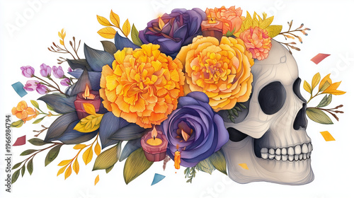 A decorative skull in profile adorned with vibrant marigolds and roses, featuring delicate lace, tiny candles, and paper confetti elements, rendered using gouache and ink linework