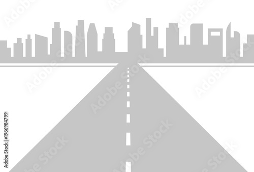 Straight road leading toward a modern city skyline. Vector graphics on a white background. 