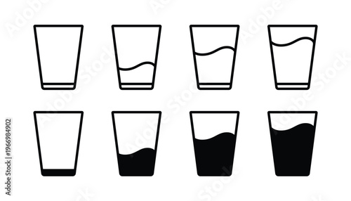 Water glass icon set. Full and empty glass of water icon set. Drinking water glass icon. Milk or juice cup symbol.
