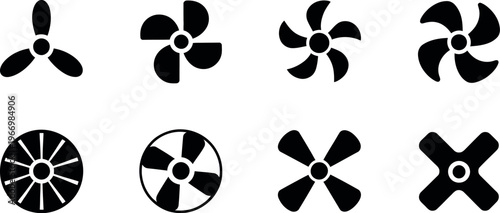 Black fan blades and propellers icon set for airflow, ventilation, cooling systems, and mechanical design vector illustration