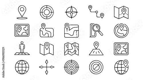 set of navigation and location icons for maps and directions