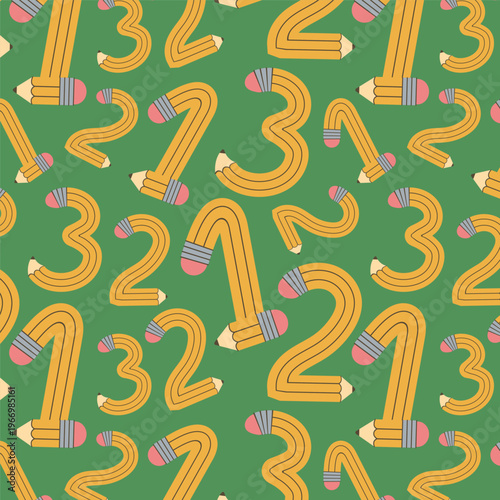 Seamless pattern ute funky twisted flexible pencils bent into in numbers from 1 to 3. Funky flexible school supplies. Vector illustration