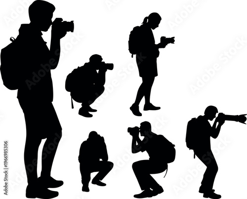 Photographers silhouettes collection with cameras in different poses, photo shooting, media production, creative profession concept isolated on white background